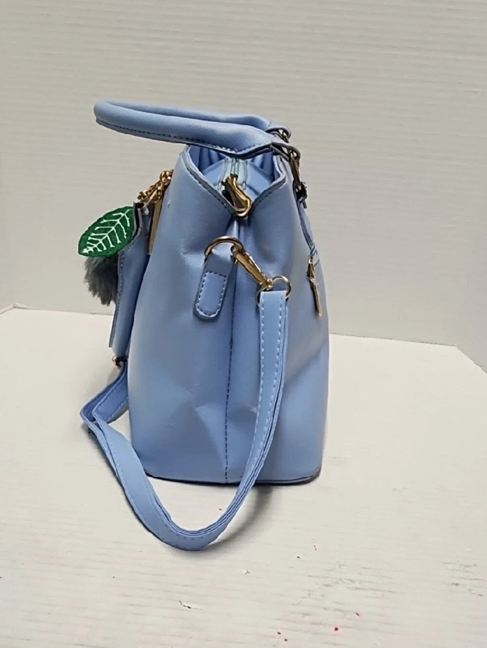 Light Blue Women's Satchel Handbag with Pom Charm